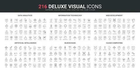 Blockchain, web development, cloud computing, data analytics and AI line icon Stock Illustration
