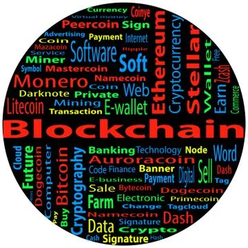Blockchain, word cloud concept on black background. Stock Illustration