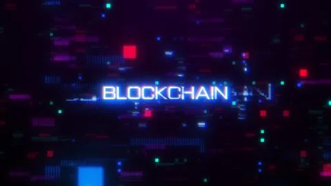 Blockchain word with digital glitch Illustration