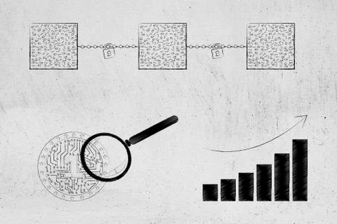 Blockchains and crypto coin with magnifying glass next to graph with growth イラスト素材