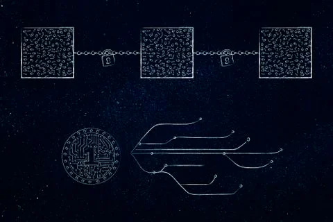 Blockchains and crypto coin next to internet connection lines Illustrazione stock