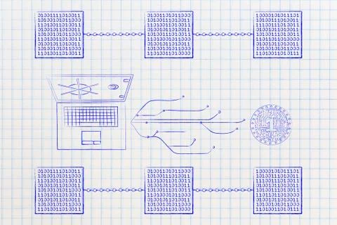 Blockchains and laptop next to internet connection lines and crypto coin Stock Illustration