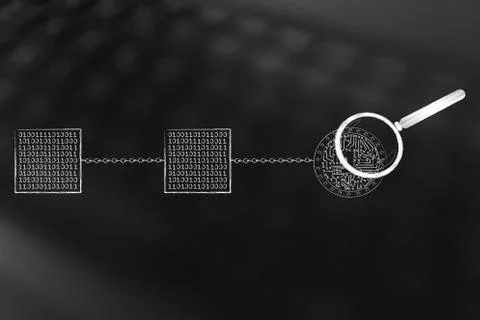 Blockchains connected with crypto coin and magnifying glass analysing it Illustrazione stock