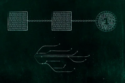 Blockchains connected to crypto coin with internet connection lines below Illustrazione stock