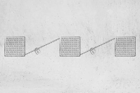 Blockchains with cubes of binary data and lock and chain connecting the last  Stockillustratie