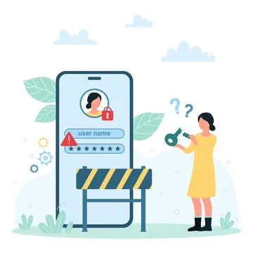 Blocked account in mobile app, tiny user holding broken key, person forgot Stock Illustration