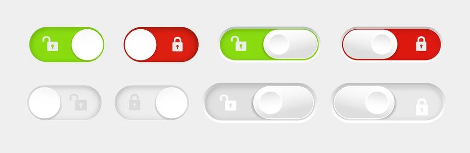 Blocked and unlocked toggle switch buttons. Material design switch buttons set Stock Illustration