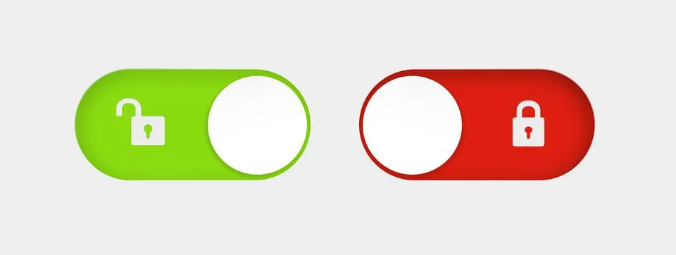 Blocked and unlocked toggle switch buttons. Material design switch buttons set Illustrazione stock
