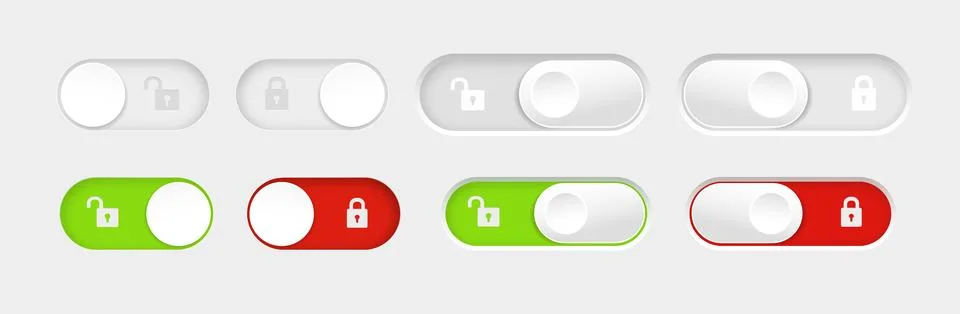 Blocked and unlocked toggle switch buttons. Material design switch buttons set Stock Illustration