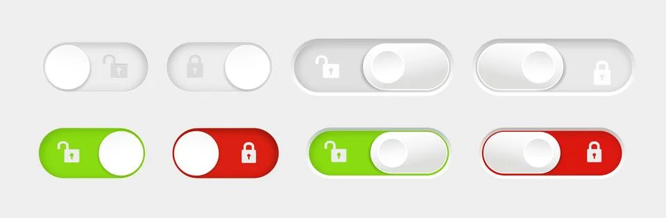 Blocked and unlocked toggle switch buttons. Material design switch buttons set Illustrazione stock