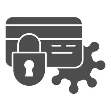 Blocked card and virus solid icon, Payment problem concept, bank card with lock Illustrazione stock