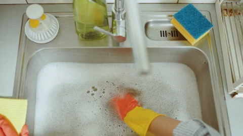 Blocked Drain: Close-Up of Soapy Kitchen Sink Stock Footage 312234039