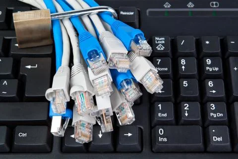 Blocked network cable on the background of keyboard. Foto stock