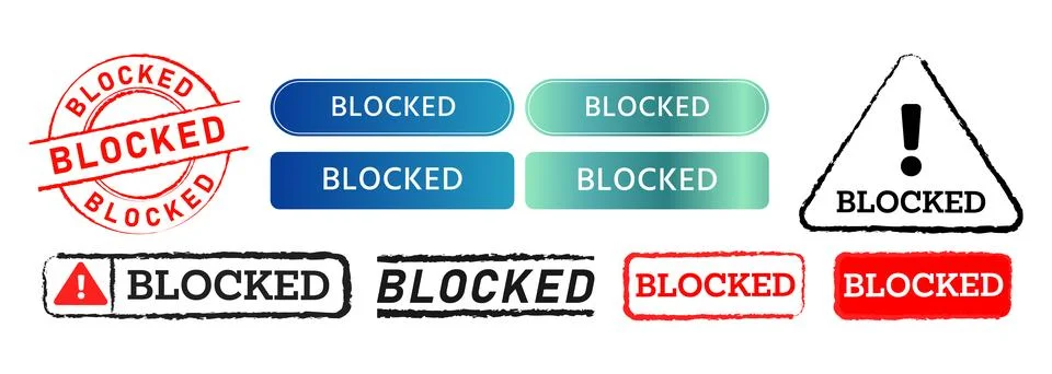 Blocked rectangle circle stamp and button sign for blocking prohibition Stock Illustration