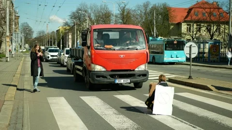 Blocking block the traffic road way cars Extinction rebellion protest Stock Footage 153337707