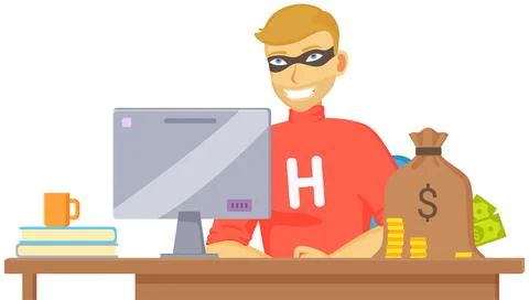 Blocking hacker attack to personal account in computer. Man is hacking PC Stockillustratie