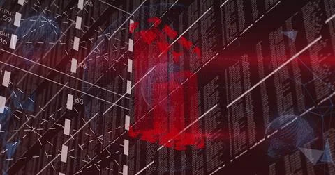 Blocking incoming stream, center red fragmented padlock protecting cyber Illustrazione stock
