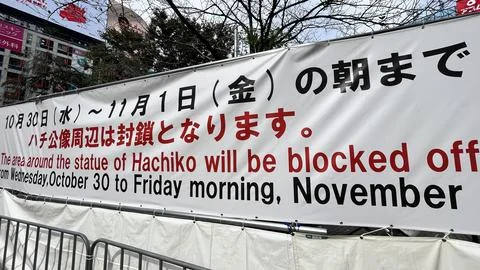 Blocking Off Information around the Statue of Hochiko Dog in front of Shibu.. Stock Photos