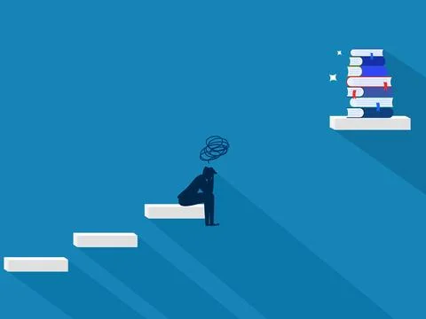 Blocking Learning .Businessman Sad About the Gap Between Stairs and Top of .. Stock Illustration
