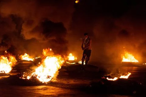 Blocking road with fire 스톡 사진