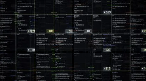 Blocks of abstract program code flowing and changing on black background Stock Illustration