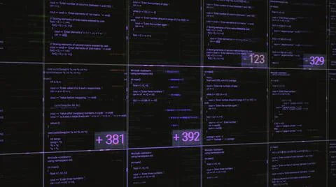 Blocks of abstract program code flowing and changing on black background Stock Illustration