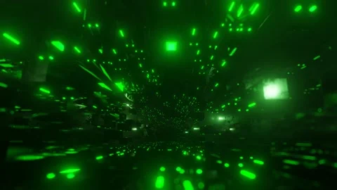 Blocks in air. Large space. Fly through technology cyberspace with green neon Stock Footage 223229369