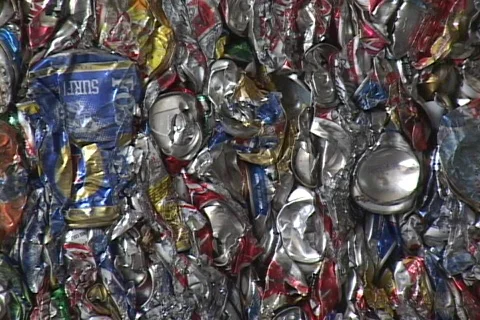 Blocks of aluminum cans are stacked at a... | Stock Video | Pond5