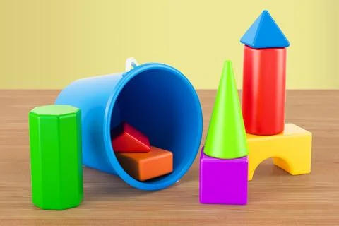 Blocks building and plastic bucket on the wooden table. 3D rendering Stock Illustration