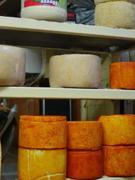 Blocks of cheese on rack. Stock Photos