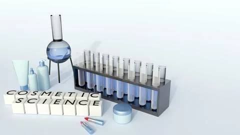 Blocks with "COSMETIC SCIENCE" surrounded by cosmetics and  laboratory tools. イラスト素材