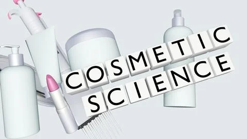 Blocks with "COSMETIC SCIENCE" surrounded by cosmetics and  laboratory tools. イラスト素材