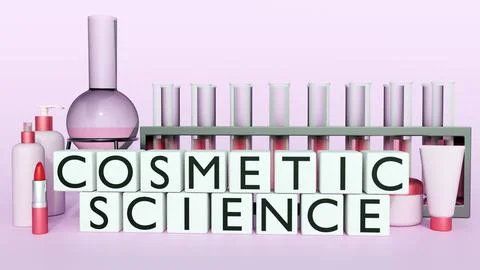 Blocks with "COSMETIC SCIENCE" surrounded by cosmetics and  laboratory tools. イラスト素材