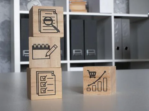 Blocks with documents and sales chart for business analytics. Stock Photos