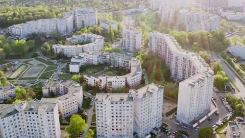 Blocks of flats during sunset, eastern Europe architecture. Stock Footage 145992531