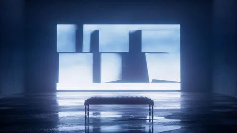 Blocks of light stacked across a large screen with a bench Stock Illustration