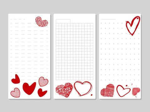 Blocks for notes and lists with hand drawn hearts Illustrazione stock