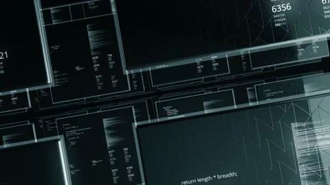 Blocks of program code flying in virtual space on square shaped screens Stockbeeldmateriaal 148596672