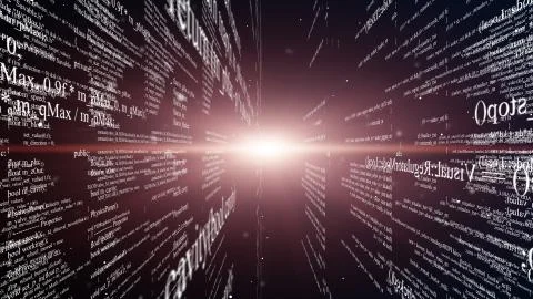 Blocks of program code flying in virtual space Illustrazione stock