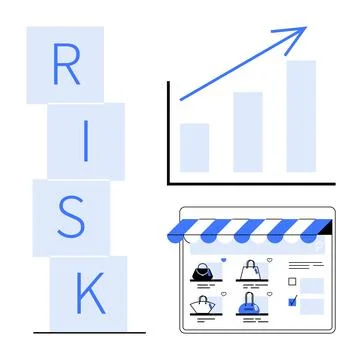 Blocks spelling RISK, upward graph arrow, and online shop interface with prod Stock Illustration