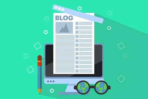 Blog article creation concept, content writer. freelance business and marketing. Illustrazione stock