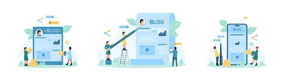 Blog content creation set, tiny people holding pen, pencil to write article in Illustration