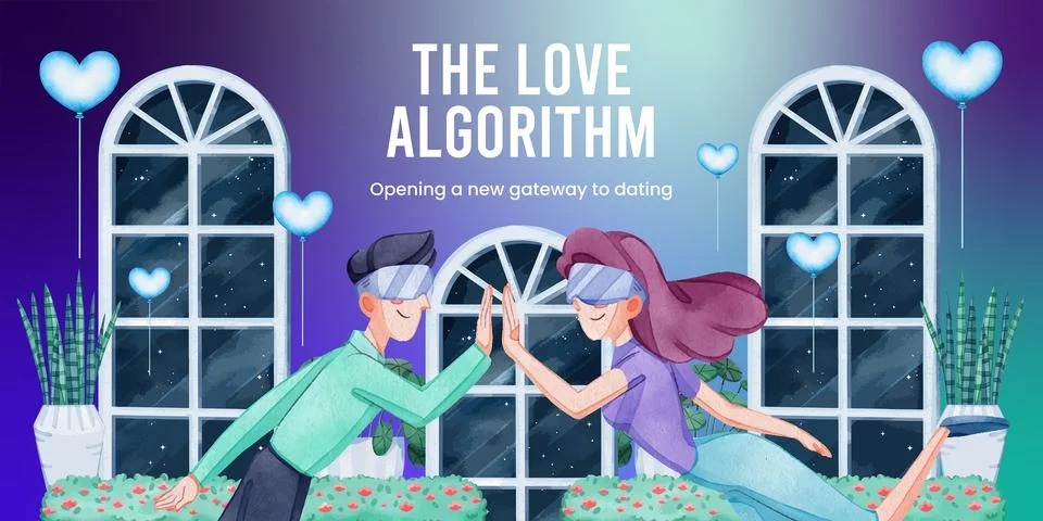 Blog header template with VR Dating concept,watercolor style Stock Illustration