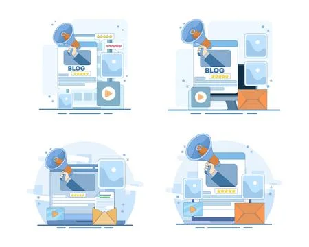 Blog post set illustrating content creation, internet publishing Stock Illustration