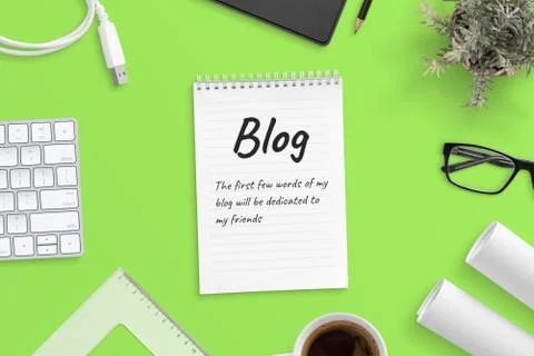 Blog post text on notepad surrounded with office supplies. Green background,  Stock Photos