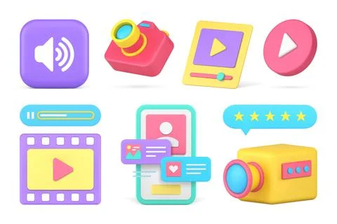 Blog vlog multimedia content create video music online broadcasting set 3d .. Illustrazione stock