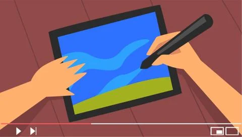 Blogger Giving Drawing Tutorial Online Vector Illustration. Social Media Creator Illustrazione stock