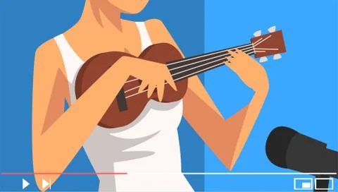Blogger Giving Guitar Tutorial Vector Illustration. Social Media Creator Concept Illustrazione stock
