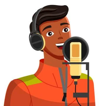 Blogger guy recording using professional microphone and headphones, live Stock Illustration