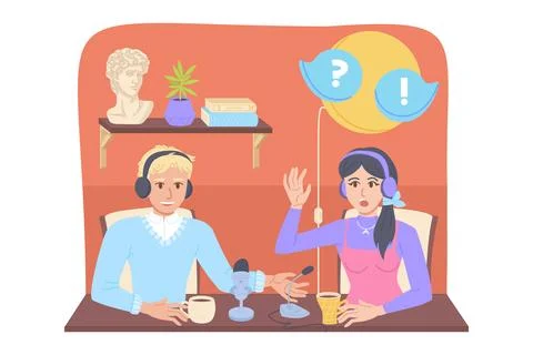 Blogger Interview concept. Boy interviewing girl. Indoor background. Stock Illustration